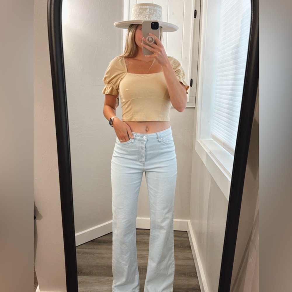 And Now This Crop Puff Sleeve in Camel Brown Light Yellow Size Small